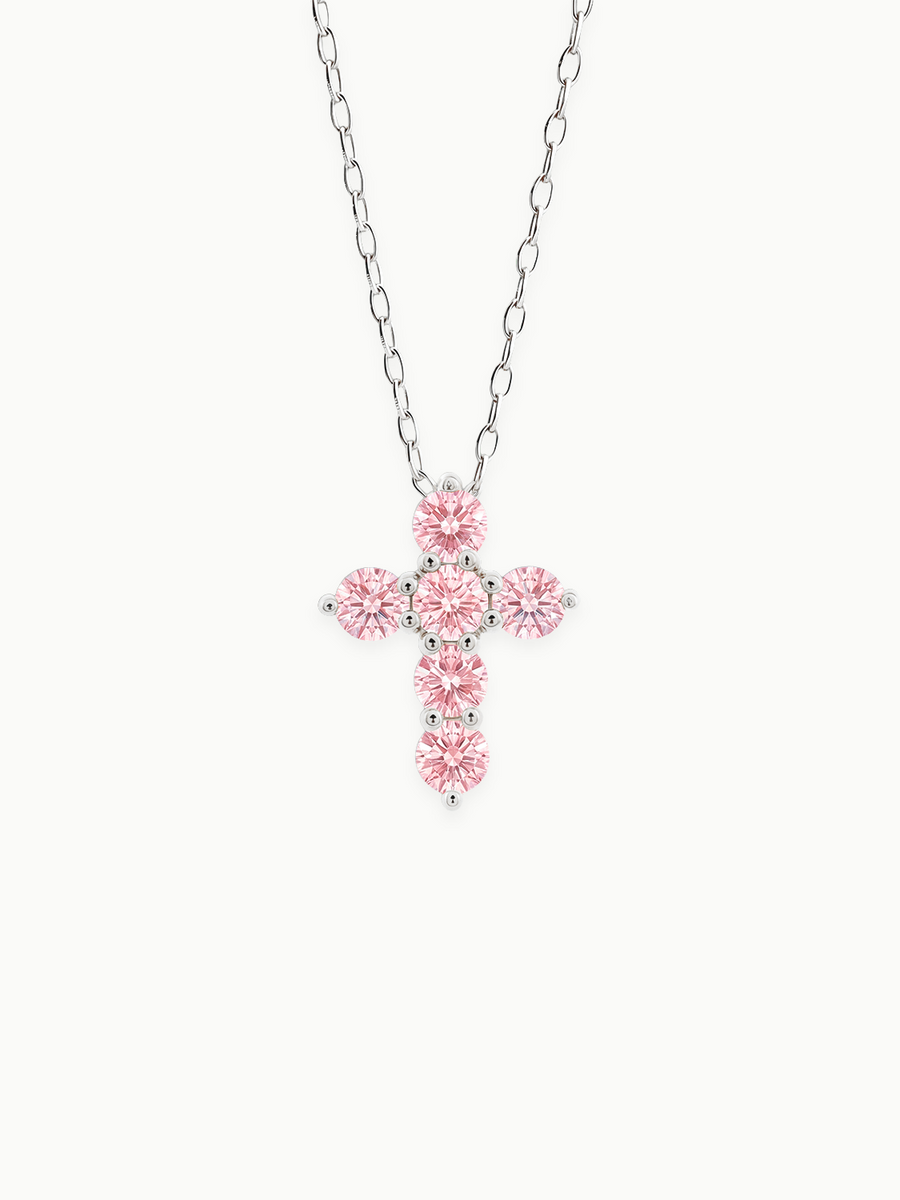 1.55 ctw 7-Stones Fancy Pink Cross Round Lab Grown Diamond Pendant Necklace