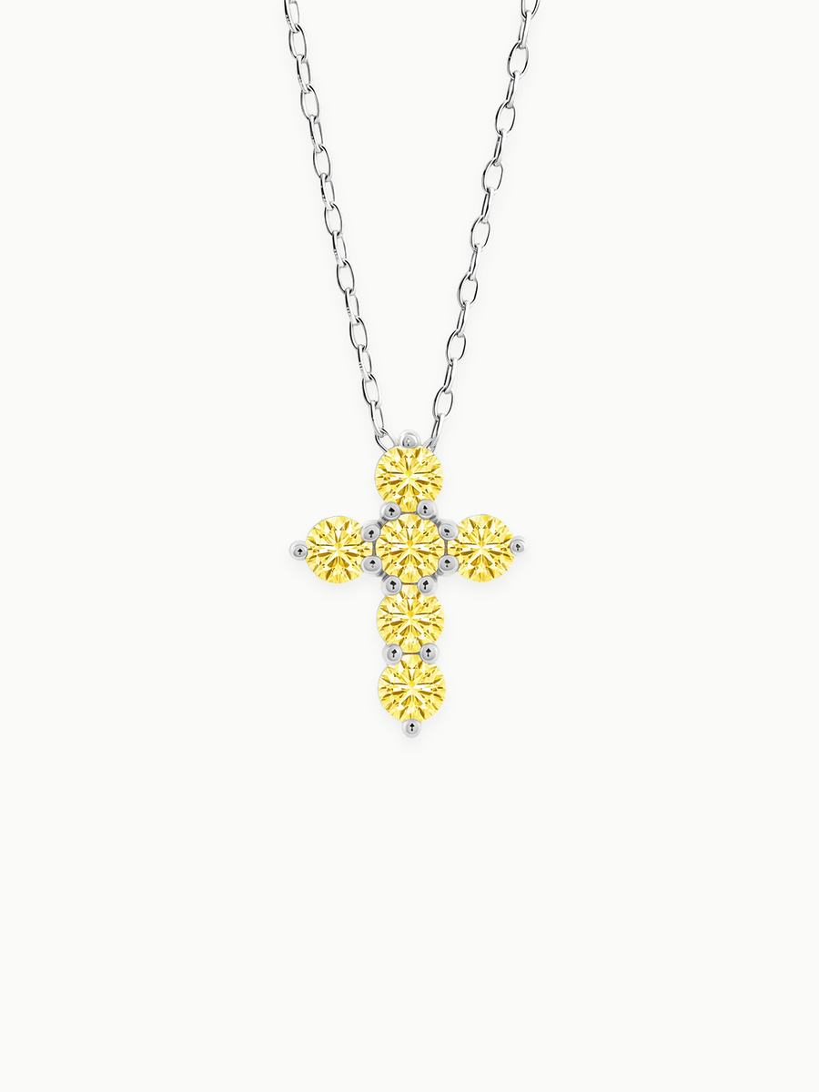 1.55 ctw 7-Stones Fancy Yellow Cross Round Lab Grown Diamond Pendant Necklace
