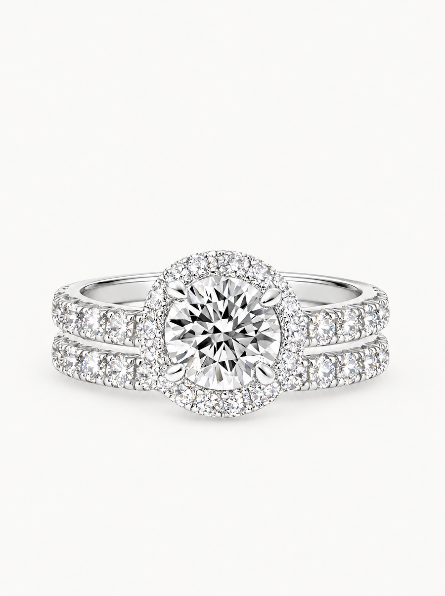 3.20 ctw Round Halo Pave Lab Grown Diamond Bridal Set
