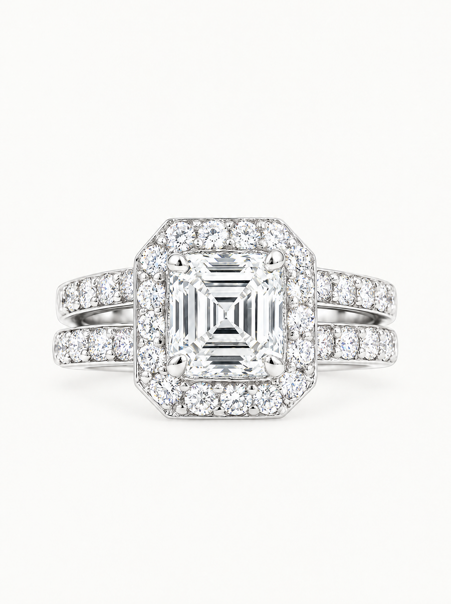 6.00 ctw Asscher Halo Pave Lab Grown Diamond Bridal Set