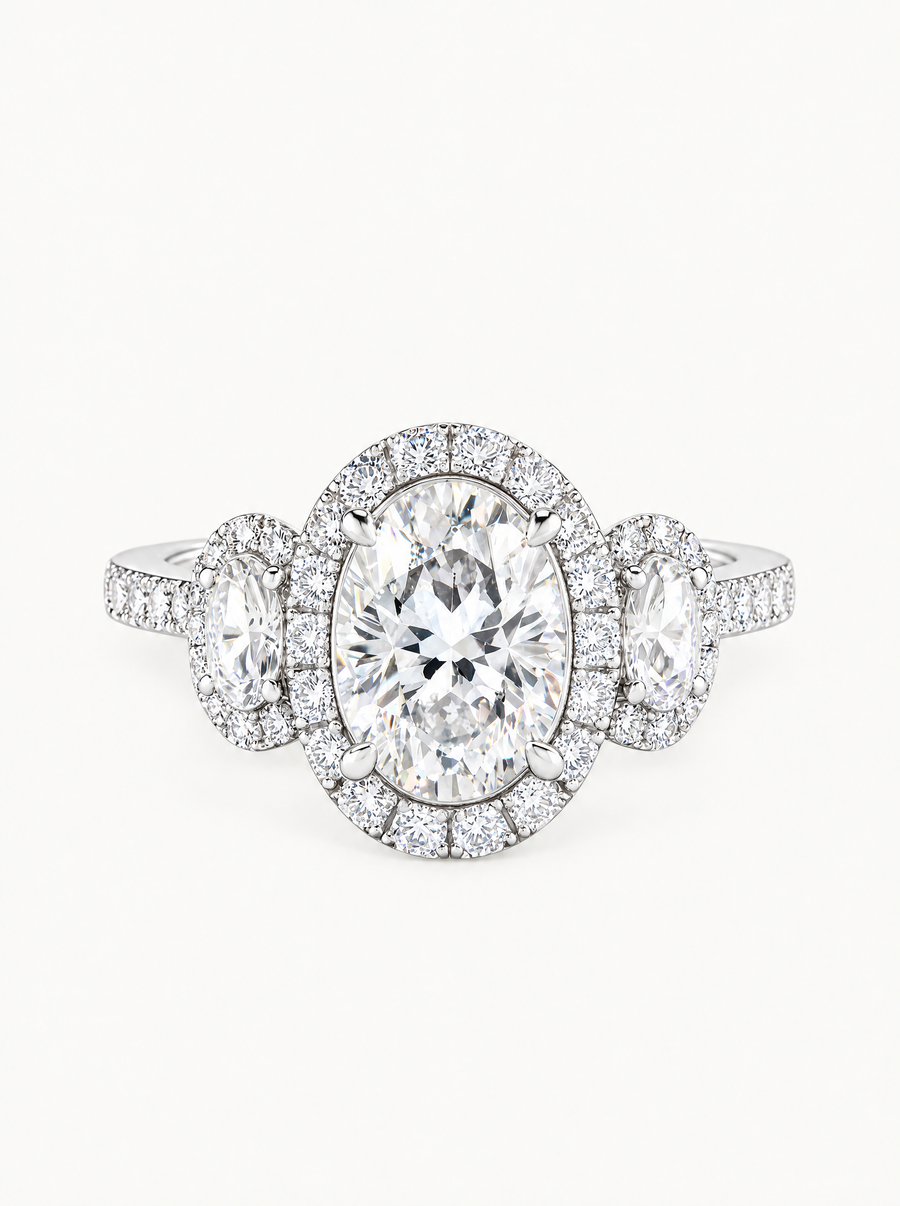 7.00 ctw Oval Three-Stone Halo Pave Lab Grown Diamond Engagement Ring