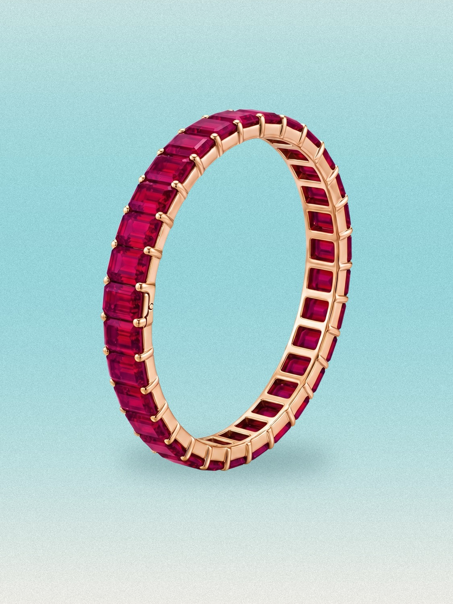 Rainbow Collection Red Emerald Cut Lab Grown Ruby Hinged Bangle Bracelet
