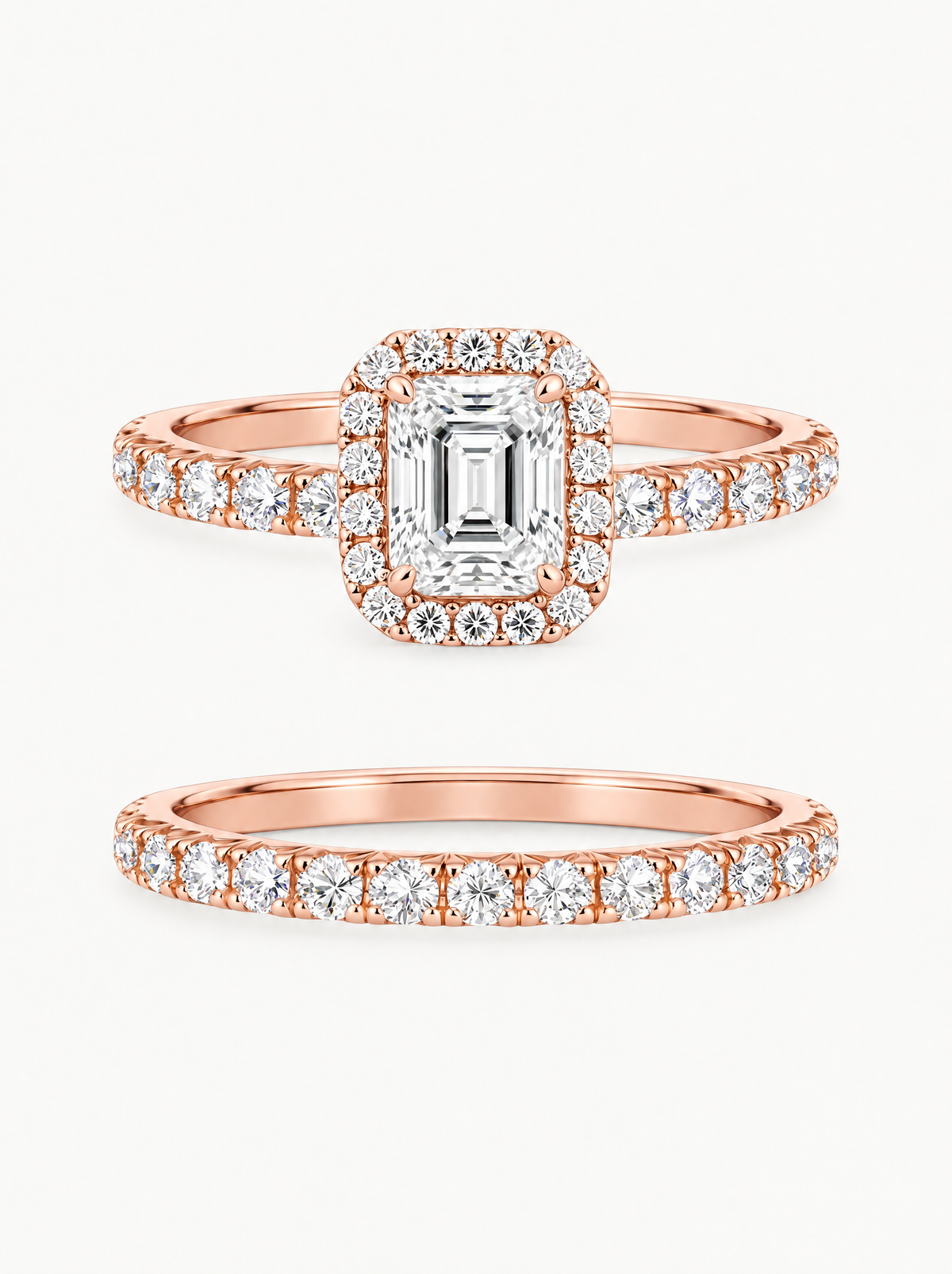 1.50 ctw Emerald Halo Pave Lab-Grown Diamond Bridal Set in 14K rose gold, front view — Bow Tie Lab Diamonds