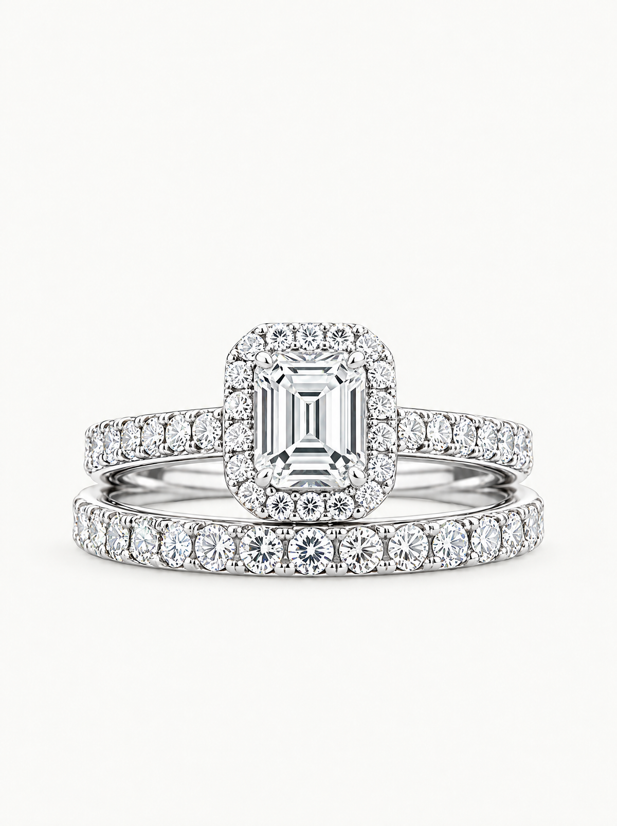 1.50 ctw Emerald Halo Pave Lab-Grown Diamond Bridal Set in 14K white gold, front view — Bow Tie Lab Diamonds