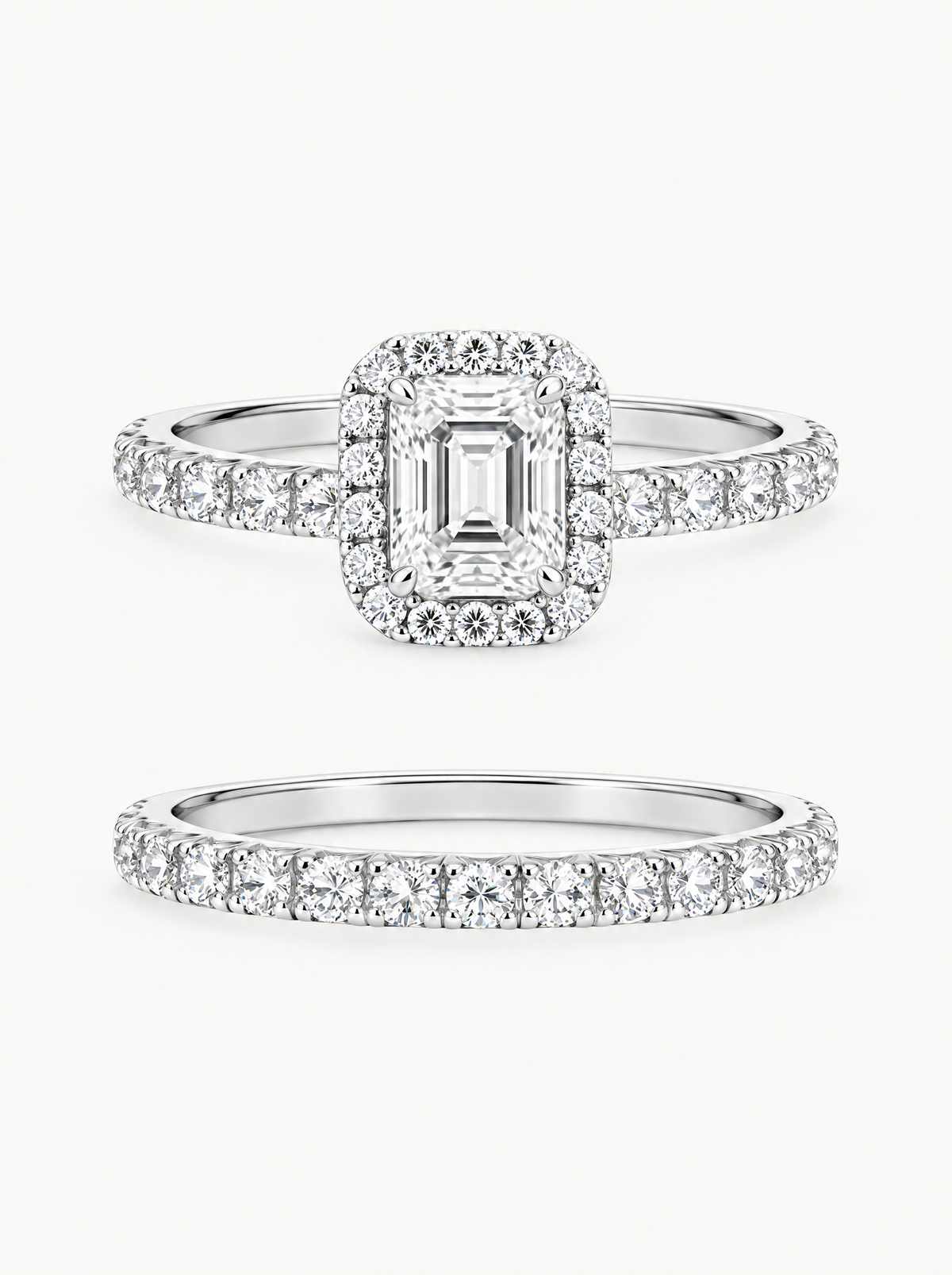 1.50 ctw Emerald Halo Pave Lab-Grown Diamond Bridal Set in 14K white gold, angled side view — Bow Tie Lab Diamonds
