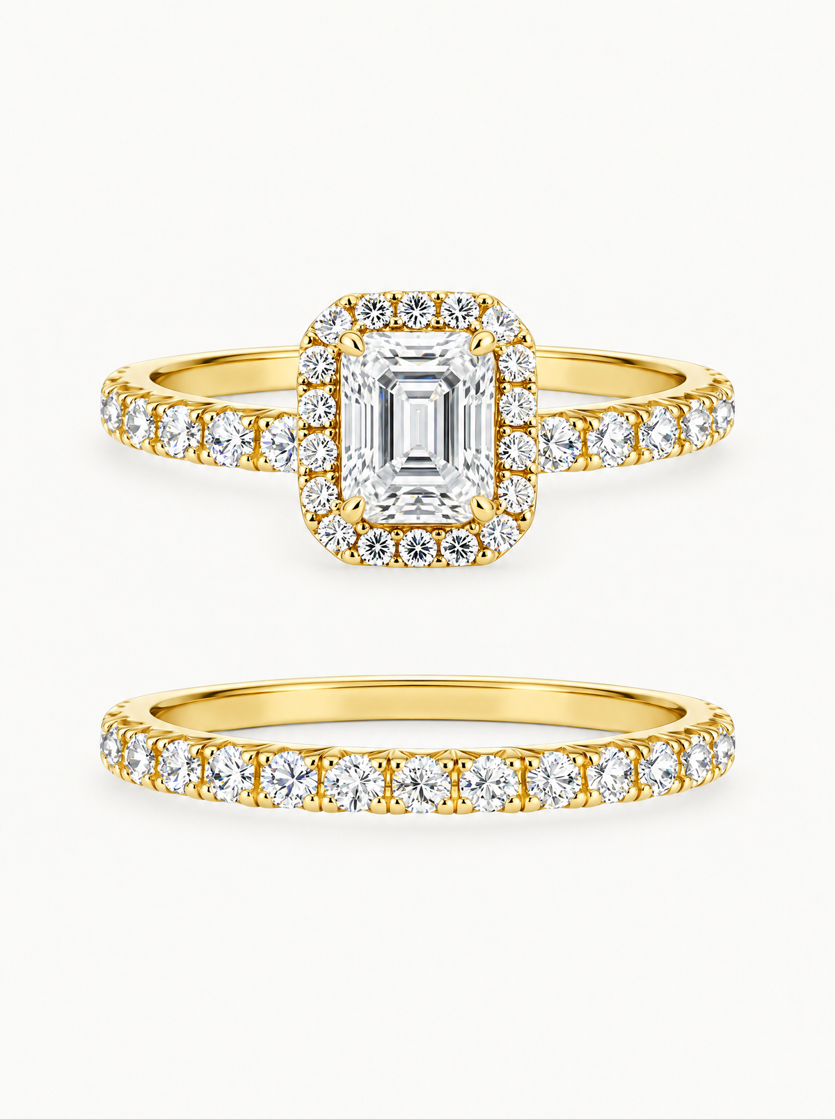 1.50 ctw Emerald Halo Pave Lab-Grown Diamond Bridal Set in 14K yellow gold, front view — Bow Tie Lab Diamonds
