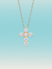 Bow Tie Lab Diamonds 1.55 ctw 7-stone cross pendant necklace — seven round white lab-grown diamonds set in a cross, shown in 14K yellow gold on a delicate chain.
