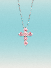 Bow Tie Lab Diamonds 1.55 ctw 7-stone Fancy Pink cross pendant necklace — round pink lab-grown diamonds set in a cross, shown in 14K white gold on a delicate chain.