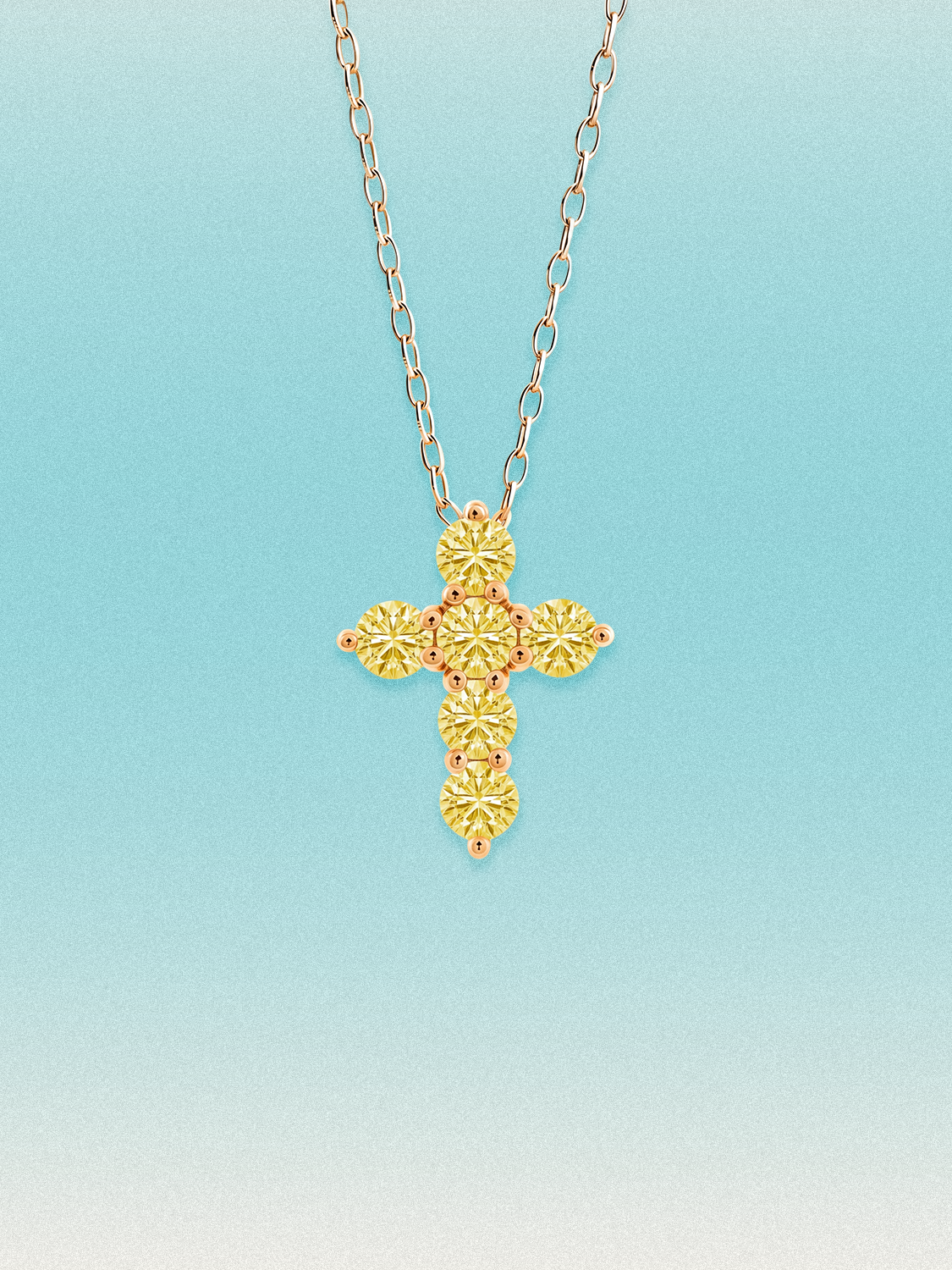 Bow Tie Lab Diamonds 1.55 ctw 7-stone Fancy Yellow cross pendant necklace — round yellow lab-grown diamonds set in a cross, shown in 14K rose gold on a delicate chain.