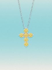 Bow Tie Lab Diamonds 1.55 ctw 7-stone Fancy Yellow cross pendant necklace — round yellow lab-grown diamonds set in a cross, shown in 14K white gold on a delicate chain.