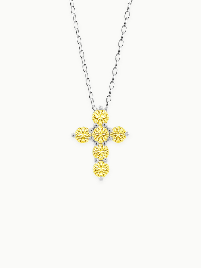 1.55 ctw 7-Stones Fancy Yellow Cross Round Lab Grown Diamond Pendant Necklace