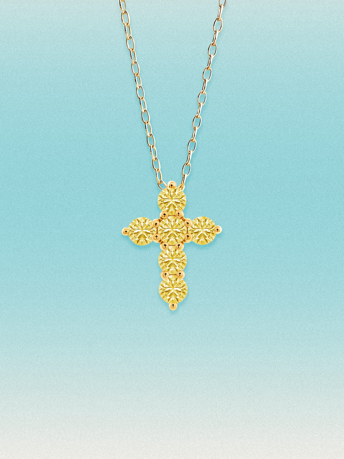 Bow Tie Lab Diamonds 1.55 ctw 7-stone Fancy Yellow cross pendant necklace — round yellow lab-grown diamonds set in a cross, shown in 14K yellow gold on a delicate chain.