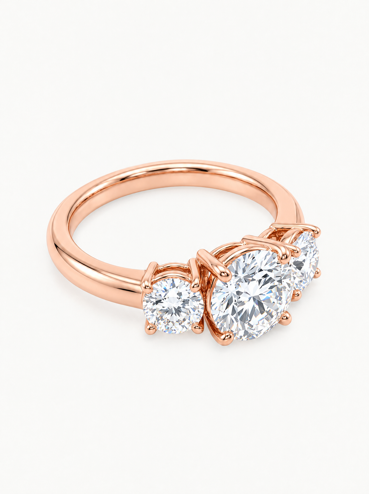 1.60 ctw Round Three-Stone Lab-Grown Diamond Engagement Ring in 14K rose gold, front view — Bow Tie Lab Diamonds