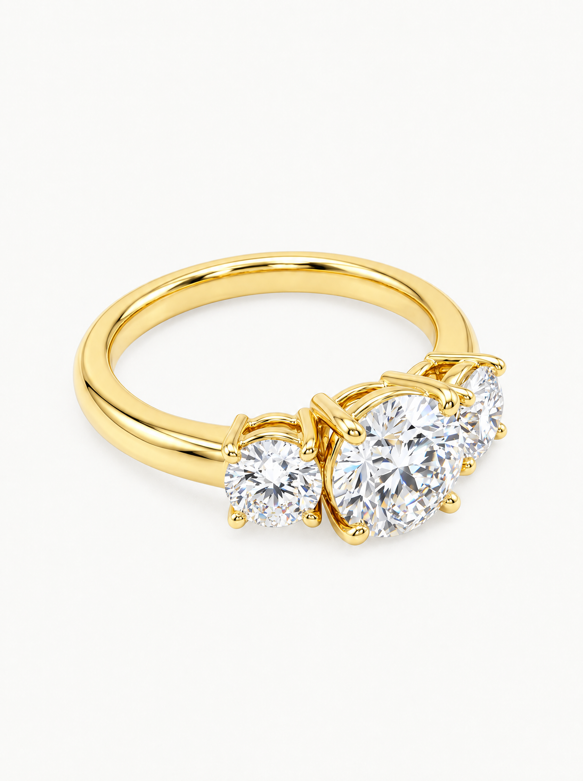 1.60 ctw Round Three-Stone Lab-Grown Diamond Engagement Ring in 14K yellow gold, angled side view — Bow Tie Lab Diamonds