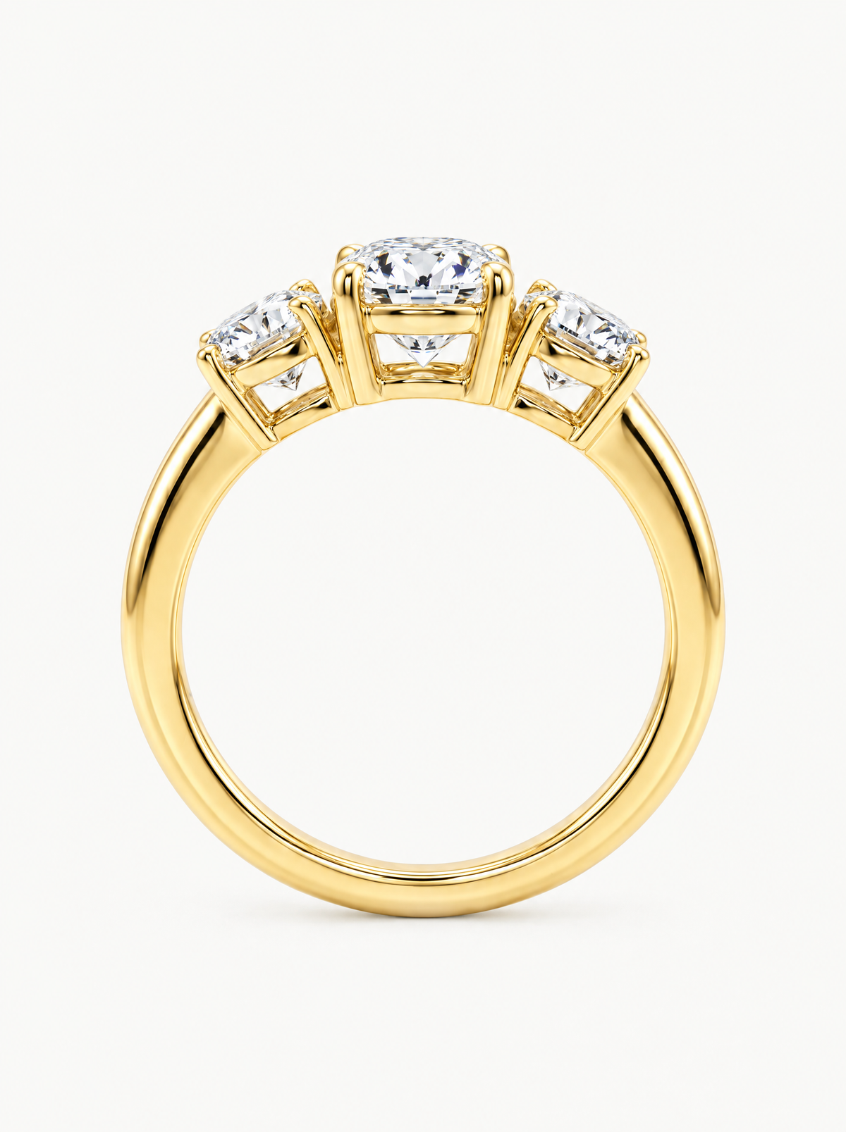 1.60 ctw Round Three-Stone Lab-Grown Diamond Engagement Ring in 14K yellow gold, angled side view — Bow Tie Lab Diamonds
