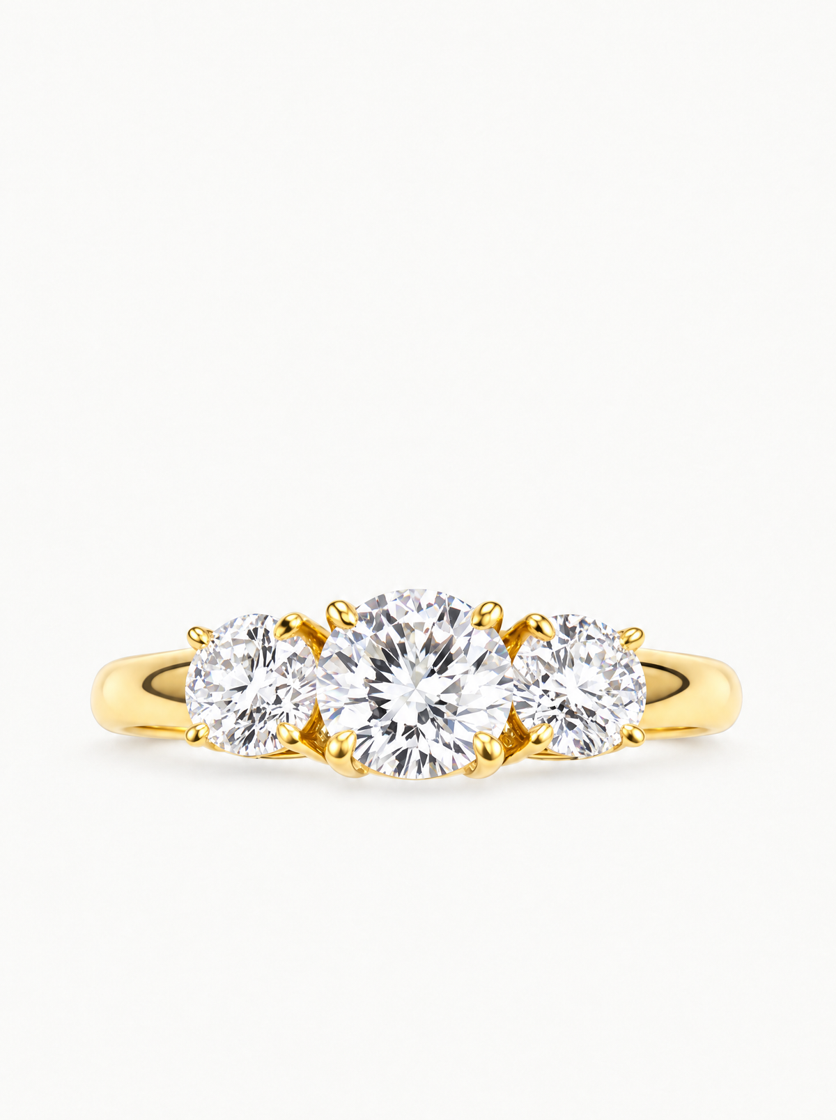 1.60 ctw Round Three-Stone Lab-Grown Diamond Engagement Ring in 14K yellow gold, front view — Bow Tie Lab Diamonds
