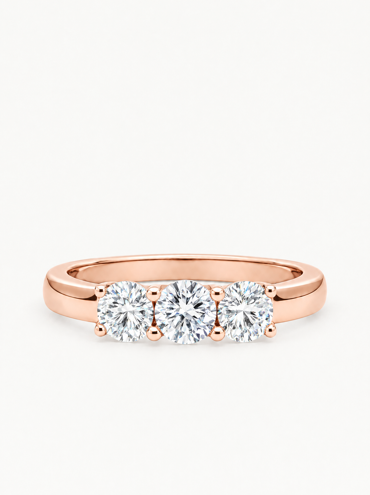 1.65 ctw Round Three-Stone Lab-Grown Diamond Engagement Ring in 14K rose gold, front view — Bow Tie Lab Diamonds