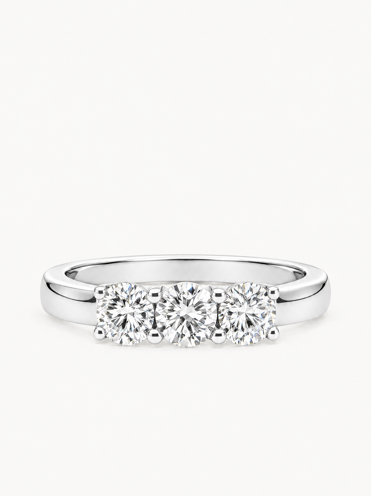 1.65 ctw Round Three-Stone Lab-Grown Diamond Engagement Ring in 14K white gold, front view — Bow Tie Lab Diamonds