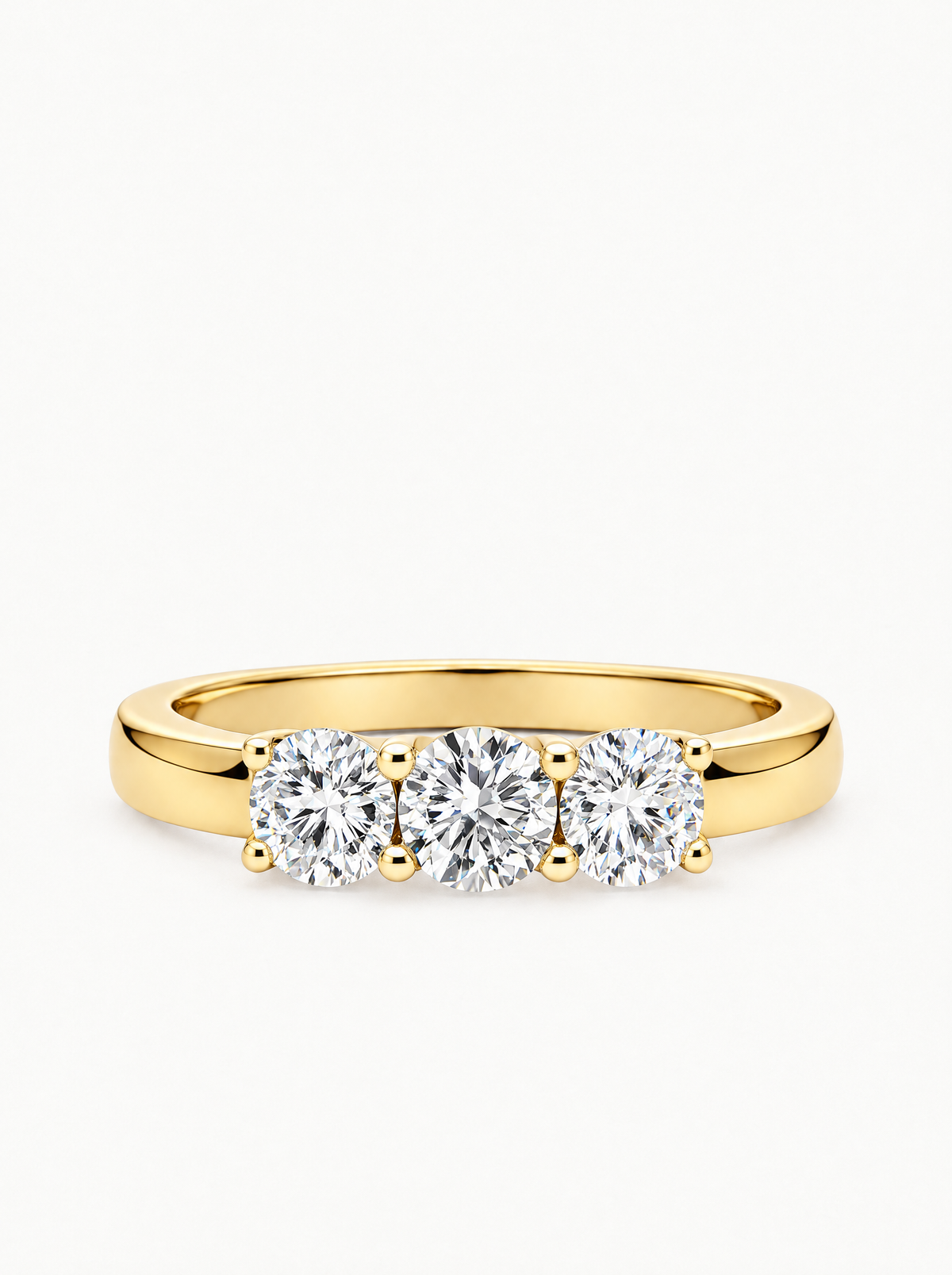 1.65 ctw Round Three-Stone Lab-Grown Diamond Engagement Ring in 14K yellow gold, front view — Bow Tie Lab Diamonds