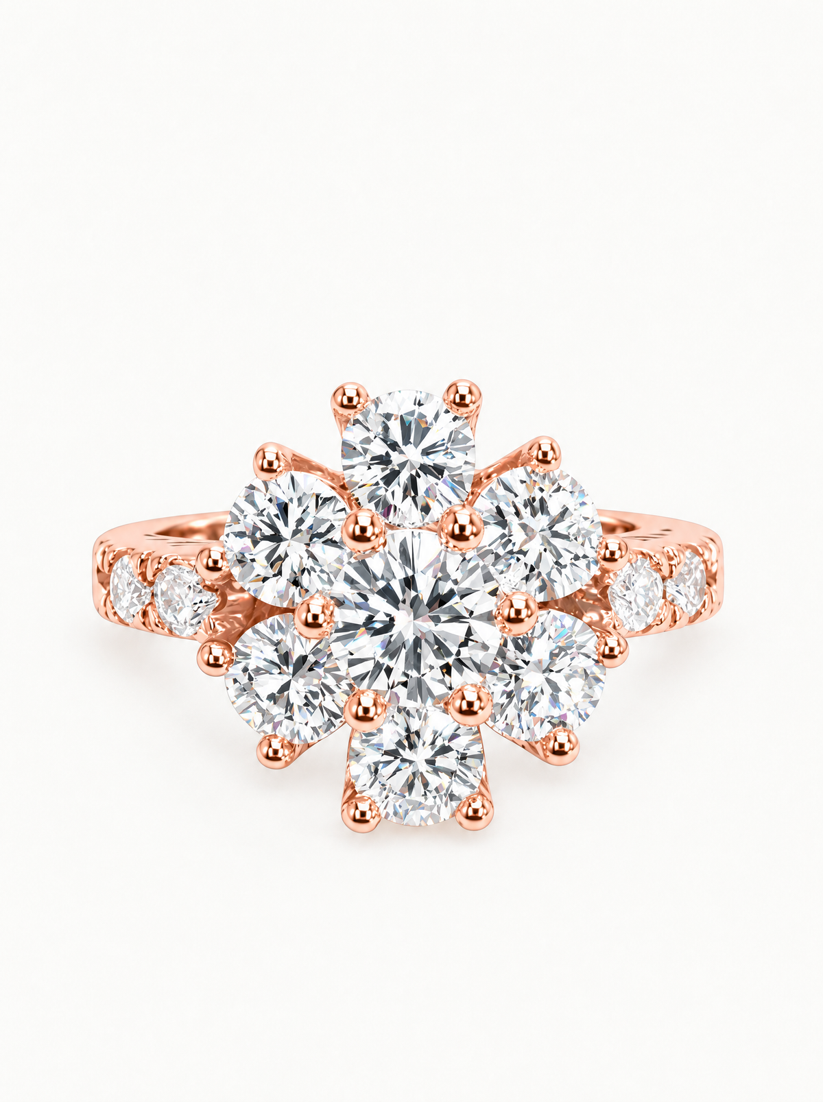 1.70 ctw Round Flower Halo Pave Lab-Grown Diamond Ring in 14K rose gold, front view — Bow Tie Lab Diamonds