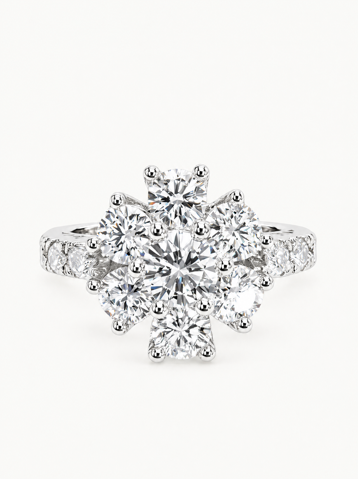1.70 ctw Round Flower Halo Pave Lab-Grown Diamond Ring in 14K white gold, front view — Bow Tie Lab Diamonds
