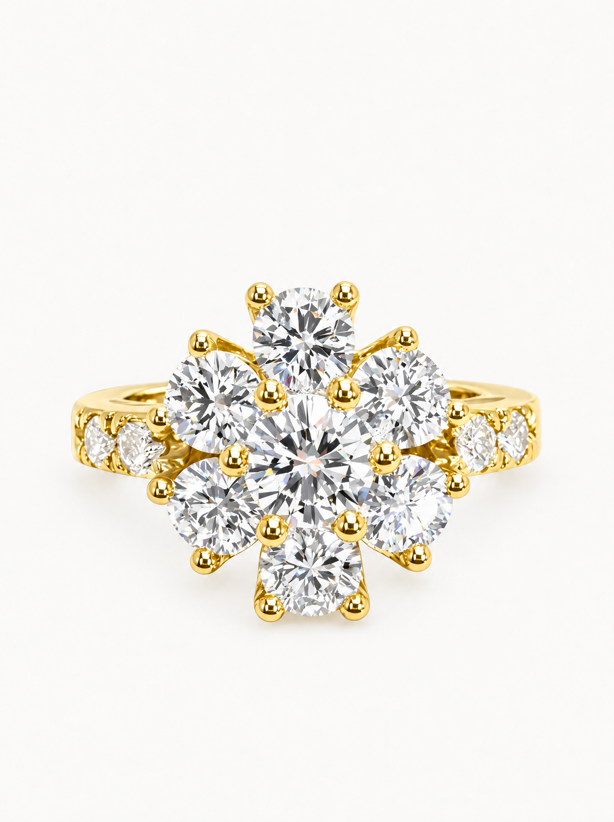 1.70 ctw Round Flower Halo Pave Lab-Grown Diamond Ring in 14K yellow gold, front view — Bow Tie Lab Diamonds