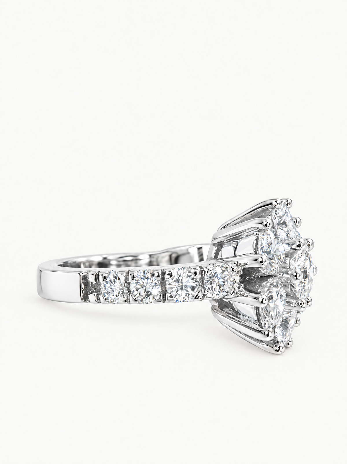 1.70 ctw Round Flower Halo Pave Lab-Grown Diamond Ring in 14K white gold, angled side view — Bow Tie Lab Diamonds