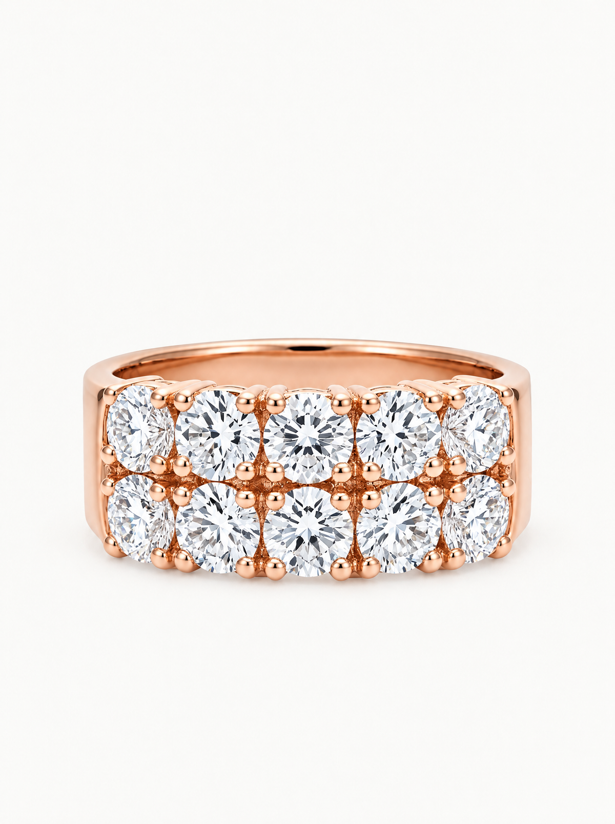 2.00 ctw Round 5-Stones Double-Row Shared Prong Lab-Grown Diamond Band in 14K rose gold, front view — Bow Tie Lab Diamonds