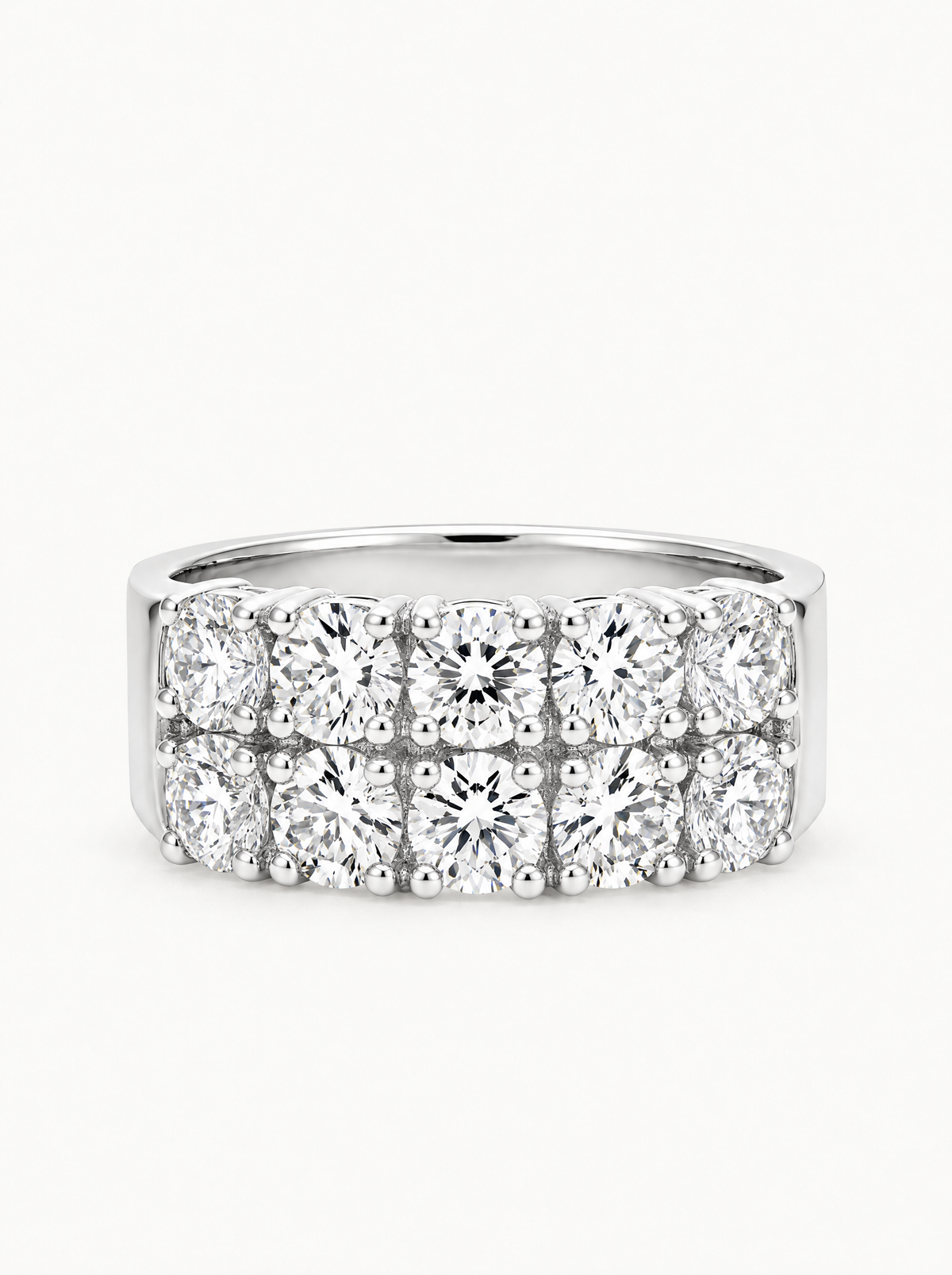 2.00 ctw Round 5-Stones Double-Row Shared Prong Lab-Grown Diamond Band in 14K white gold, front view — Bow Tie Lab Diamonds