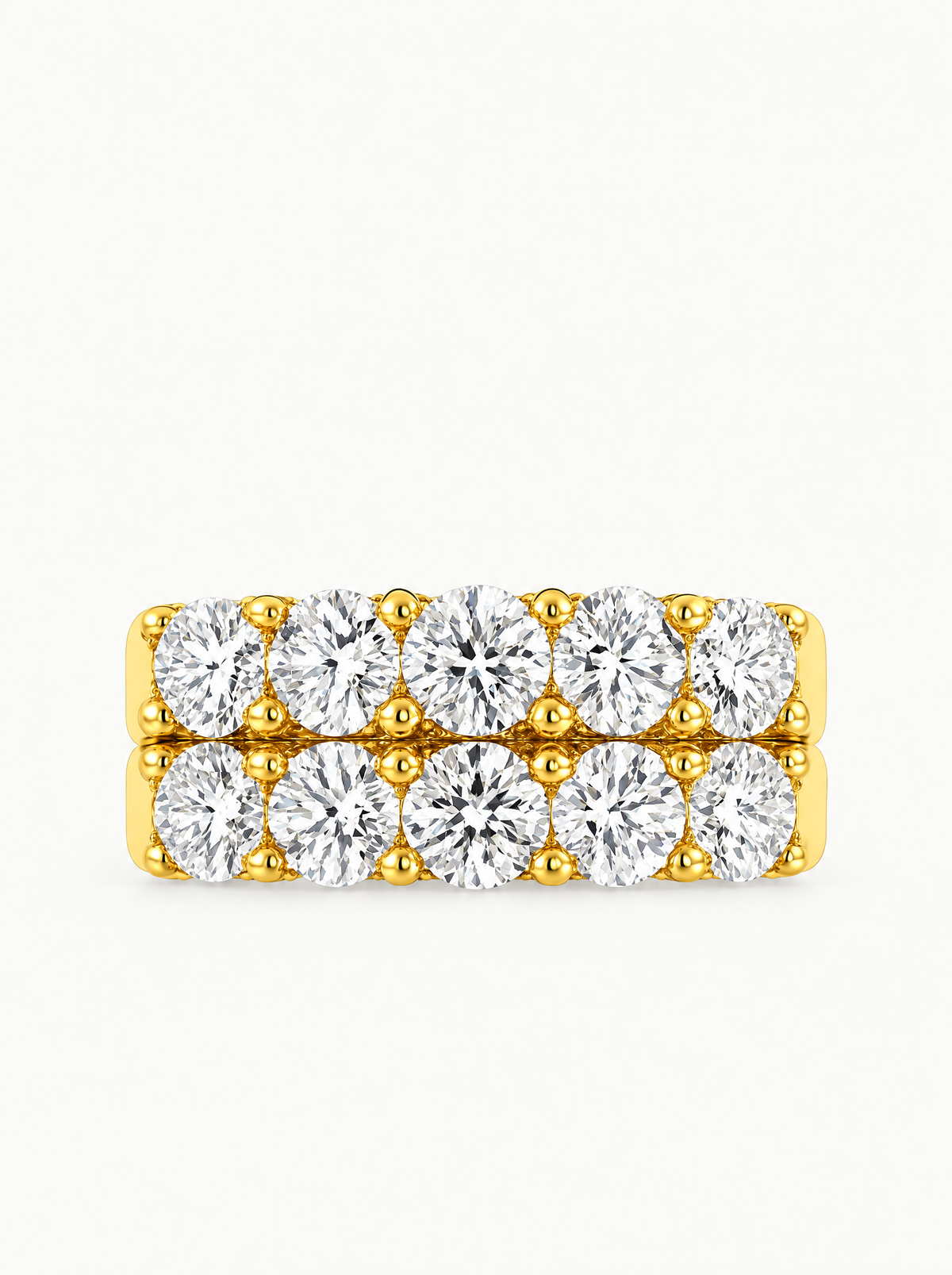 2.00 ctw Round 5-Stones Double-Row Shared Prong Lab-Grown Diamond Band in 14K yellow gold, front view — Bow Tie Lab Diamonds
