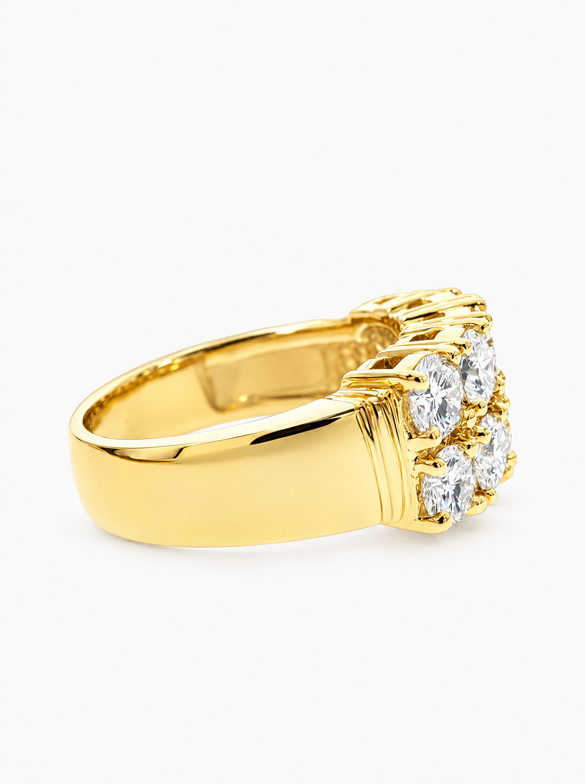 2.00 ctw Round 5-Stones Double-Row Shared Prong Lab-Grown Diamond Band in 14K yellow gold, angled side view — Bow Tie Lab Diamonds