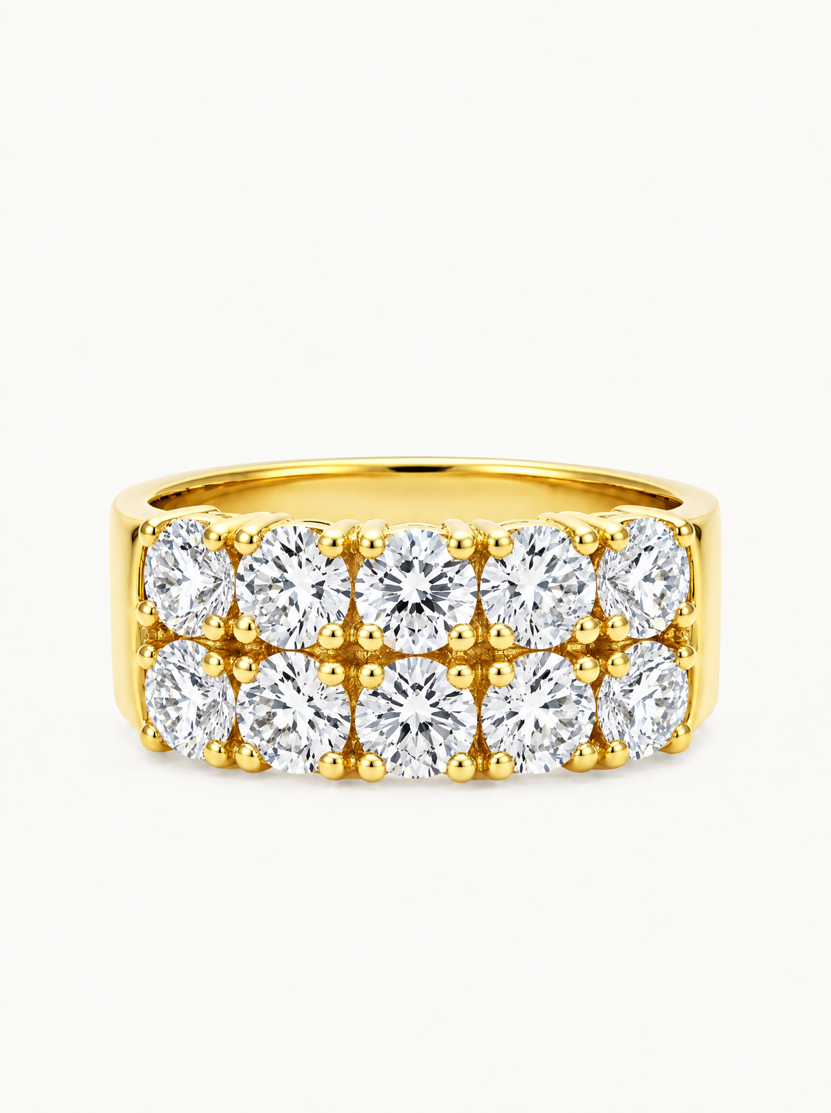 2.00 ctw Round 5-Stones Double-Row Shared Prong Lab-Grown Diamond Band in 14K yellow gold, front view — Bow Tie Lab Diamonds