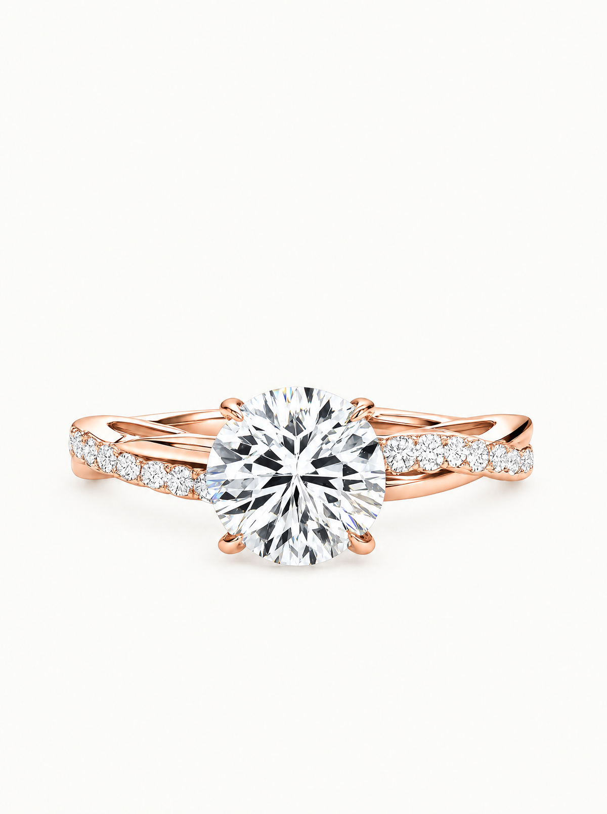 2.35 ctw Round Twisted Vine Pave Lab-Grown Diamond Engagement Ring in 14K rose gold, front view — Bow Tie Lab Diamonds