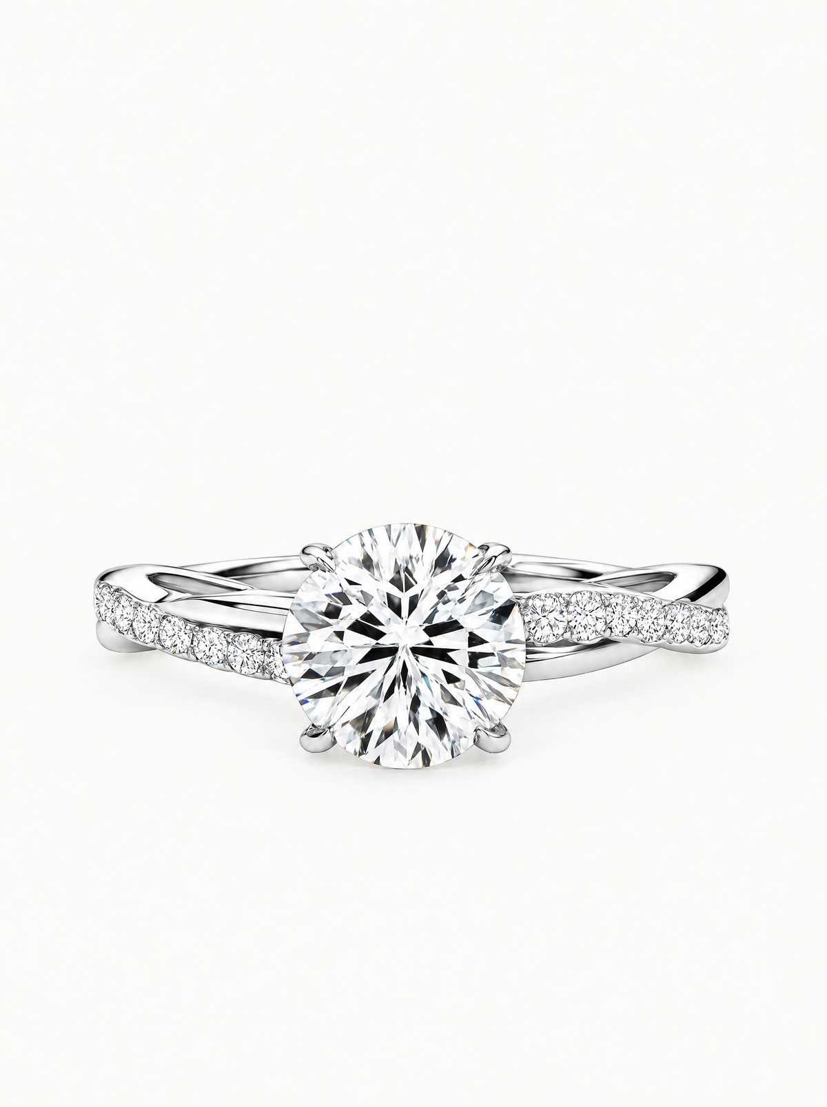 2.35 ctw Round Twisted Vine Pave Lab-Grown Diamond Engagement Ring in 14K white gold, front view — Bow Tie Lab Diamonds
