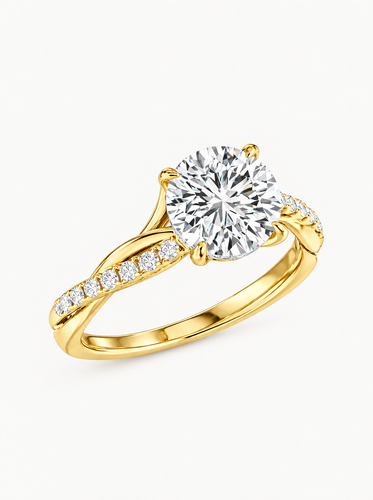 2.35 ctw Round Twisted Vine Pave Lab-Grown Diamond Engagement Ring in 14K yellow gold, angled side view — Bow Tie Lab Diamonds