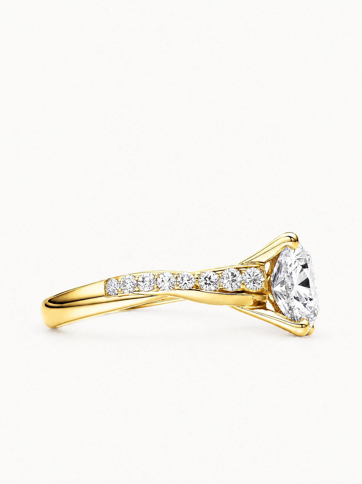 2.35 ctw Round Twisted Vine Pave Lab-Grown Diamond Engagement Ring in 14K yellow gold, angled side view — Bow Tie Lab Diamonds