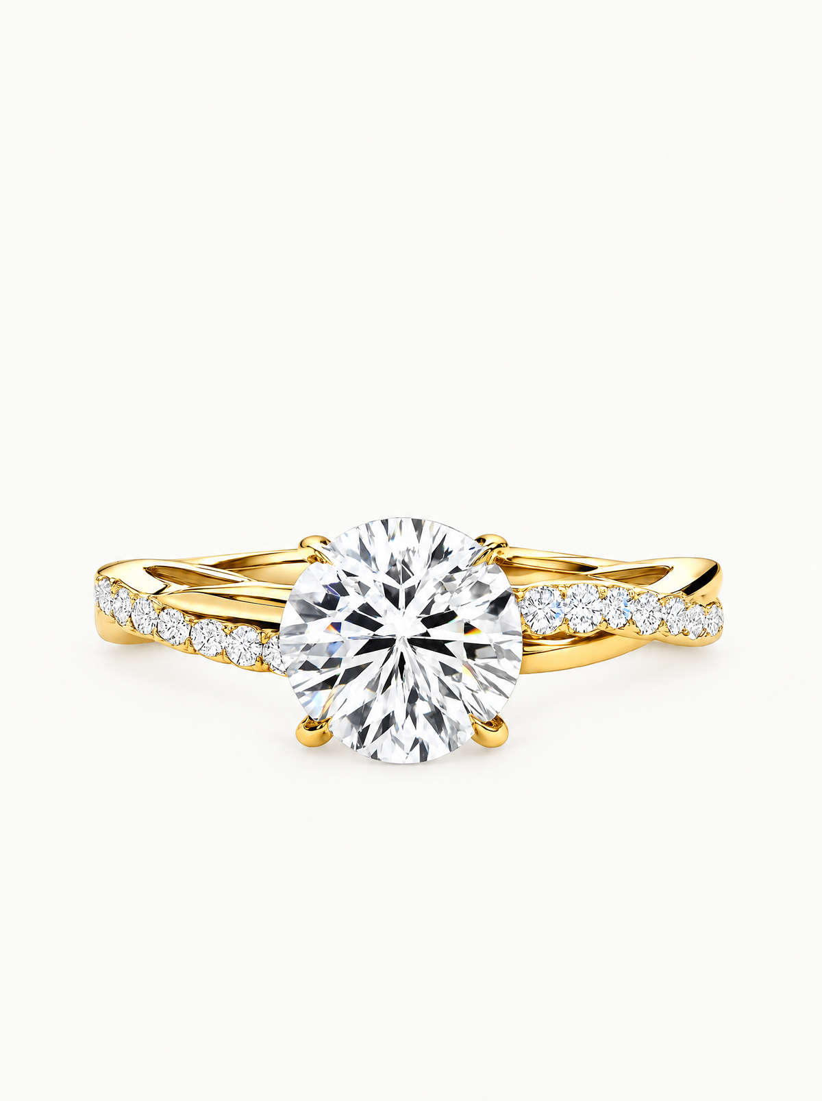 2.35 ctw Round Twisted Vine Pave Lab-Grown Diamond Engagement Ring in 14K yellow gold, front view — Bow Tie Lab Diamonds
