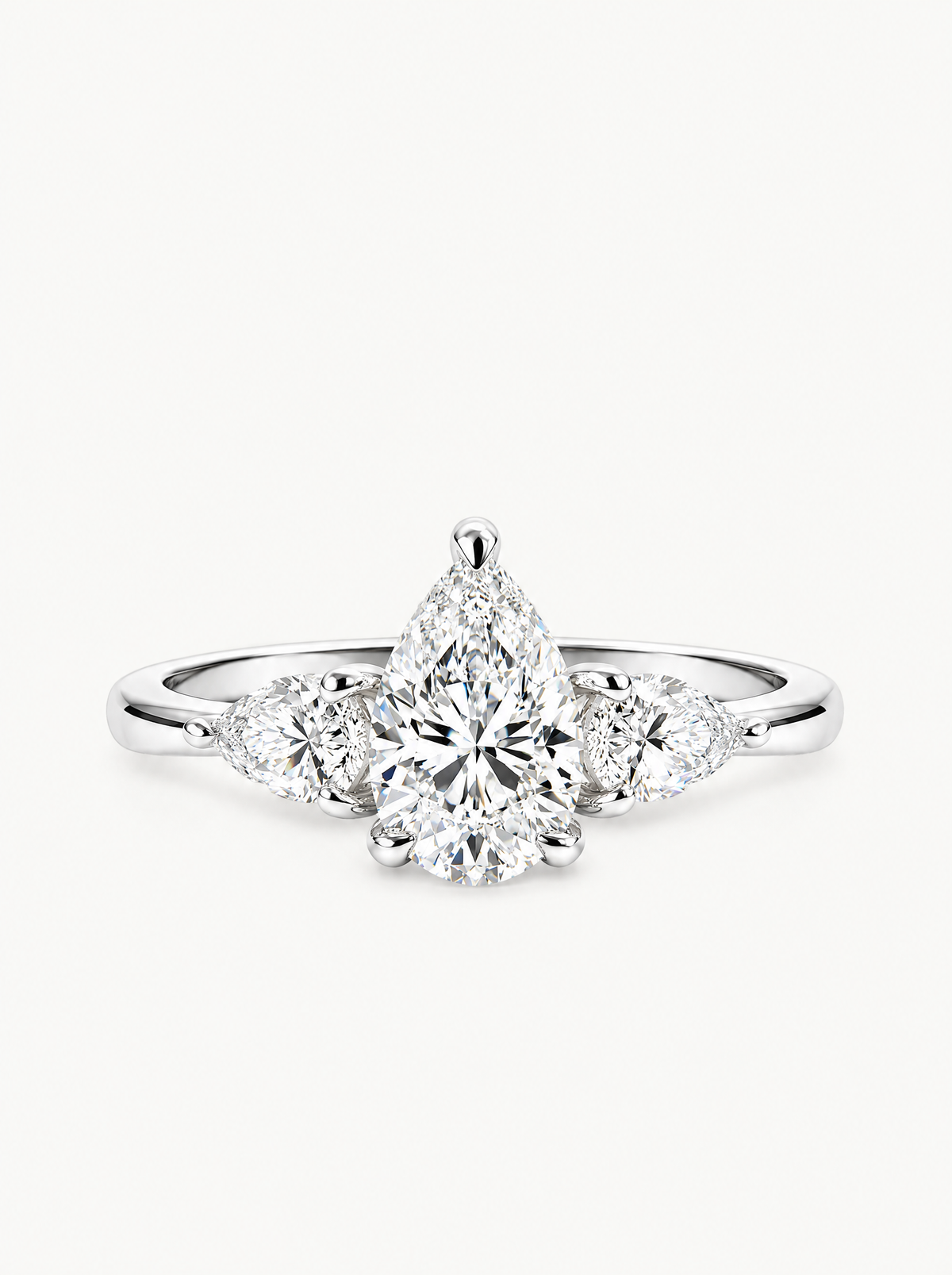 2.50 ctw Pear Three-Stone Lab-Grown Diamond Engagement Ring in 14K white gold, front view — Bow Tie Lab Diamonds