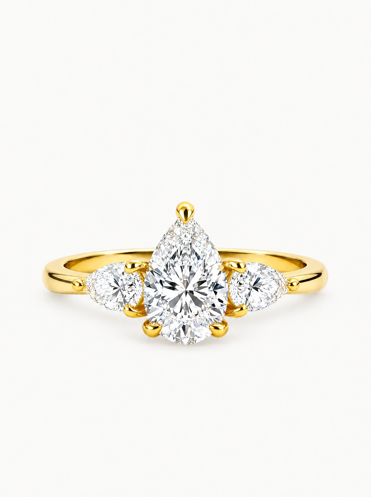 2.50 ctw Pear Three-Stone Lab-Grown Diamond Engagement Ring in 14K yellow gold, front view — Bow Tie Lab Diamonds