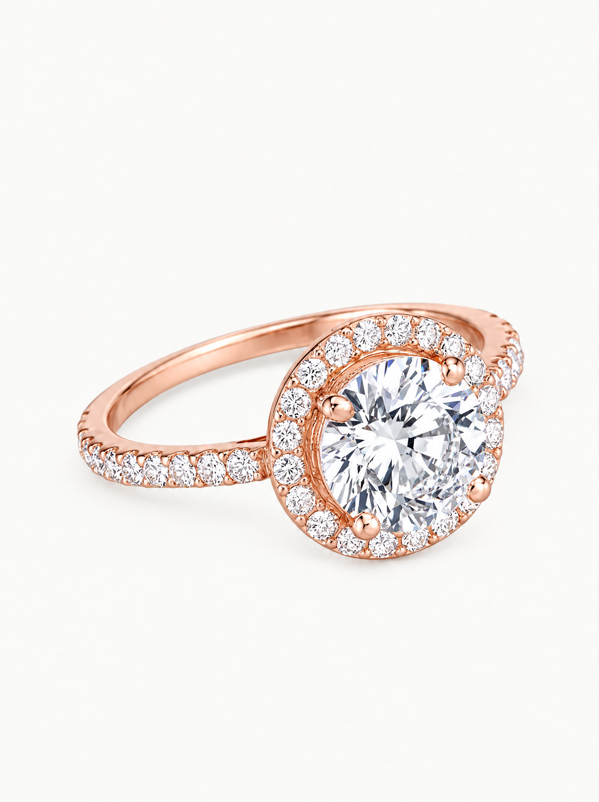 2.50 ctw Round Halo Pave Lab-Grown Diamond Engagement Ring in 14K rose gold, front view — Bow Tie Lab Diamonds