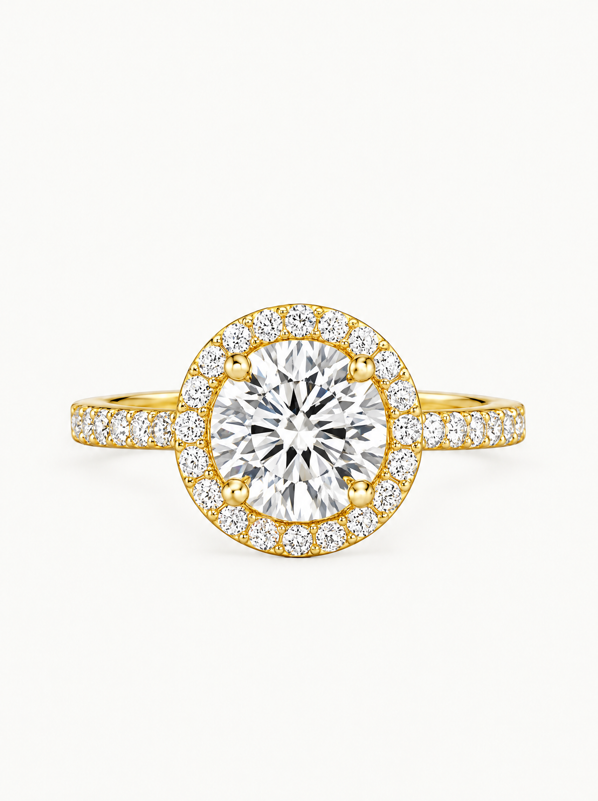 2.50 ctw Round Halo Pave Lab-Grown Diamond Engagement Ring in 14K yellow gold, front view — Bow Tie Lab Diamonds