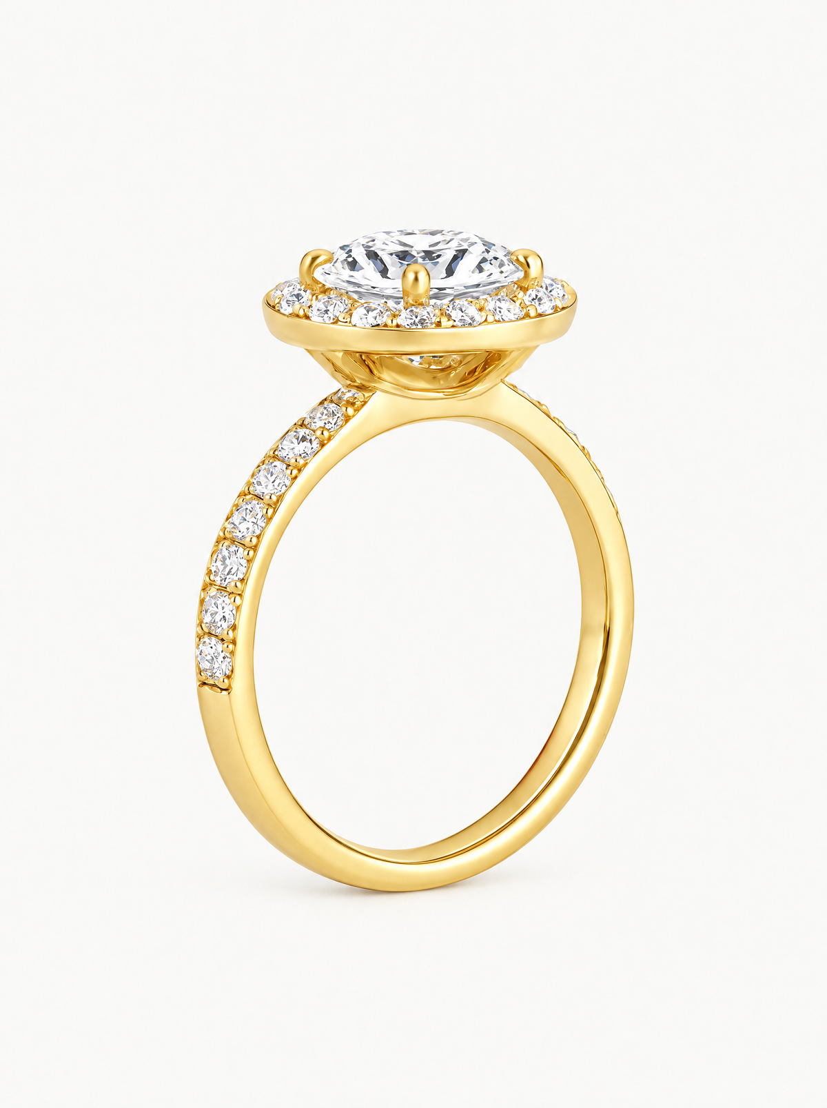 2.50 ctw Round Halo Pave Lab-Grown Diamond Engagement Ring in 14K yellow gold, angled side view — Bow Tie Lab Diamonds