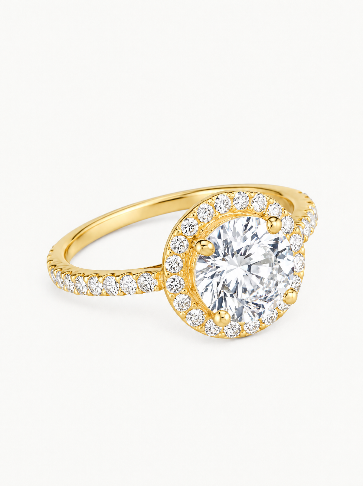 2.50 ctw Round Halo Pave Lab-Grown Diamond Engagement Ring in 14K yellow gold, angled side view — Bow Tie Lab Diamonds