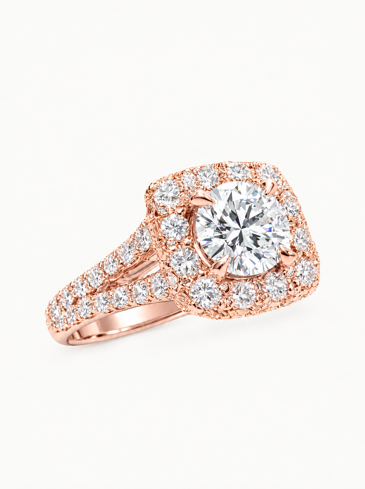2.60 ctw Round Cushion Halo Pave Lab-Grown Diamond Split Band Ring in 14K rose gold, front view — Bow Tie Lab Diamonds