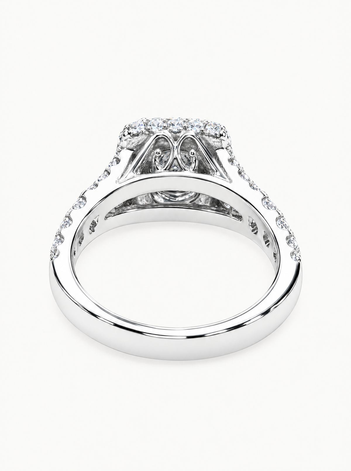 2.60 ctw Round Cushion Halo Pave Lab-Grown Diamond Split Band Ring in 14K white gold, angled side view — Bow Tie Lab Diamonds