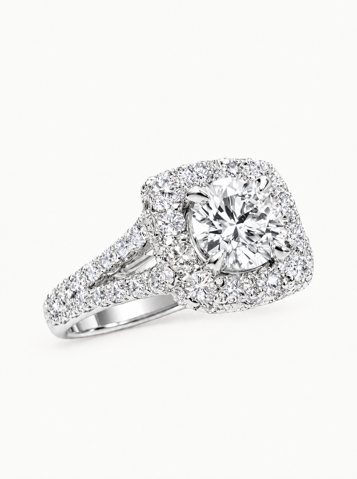 2.60 ctw Round Cushion Halo Pave Lab-Grown Diamond Split Band Ring in 14K white gold, front view — Bow Tie Lab Diamonds