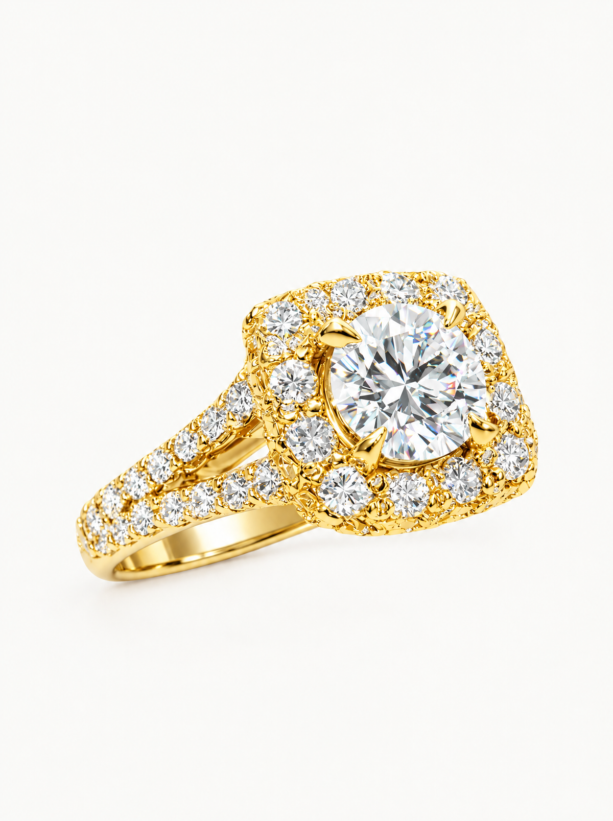 2.60 ctw Round Cushion Halo Pave Lab-Grown Diamond Split Band Ring in 14K yellow gold, angled side view — Bow Tie Lab Diamonds