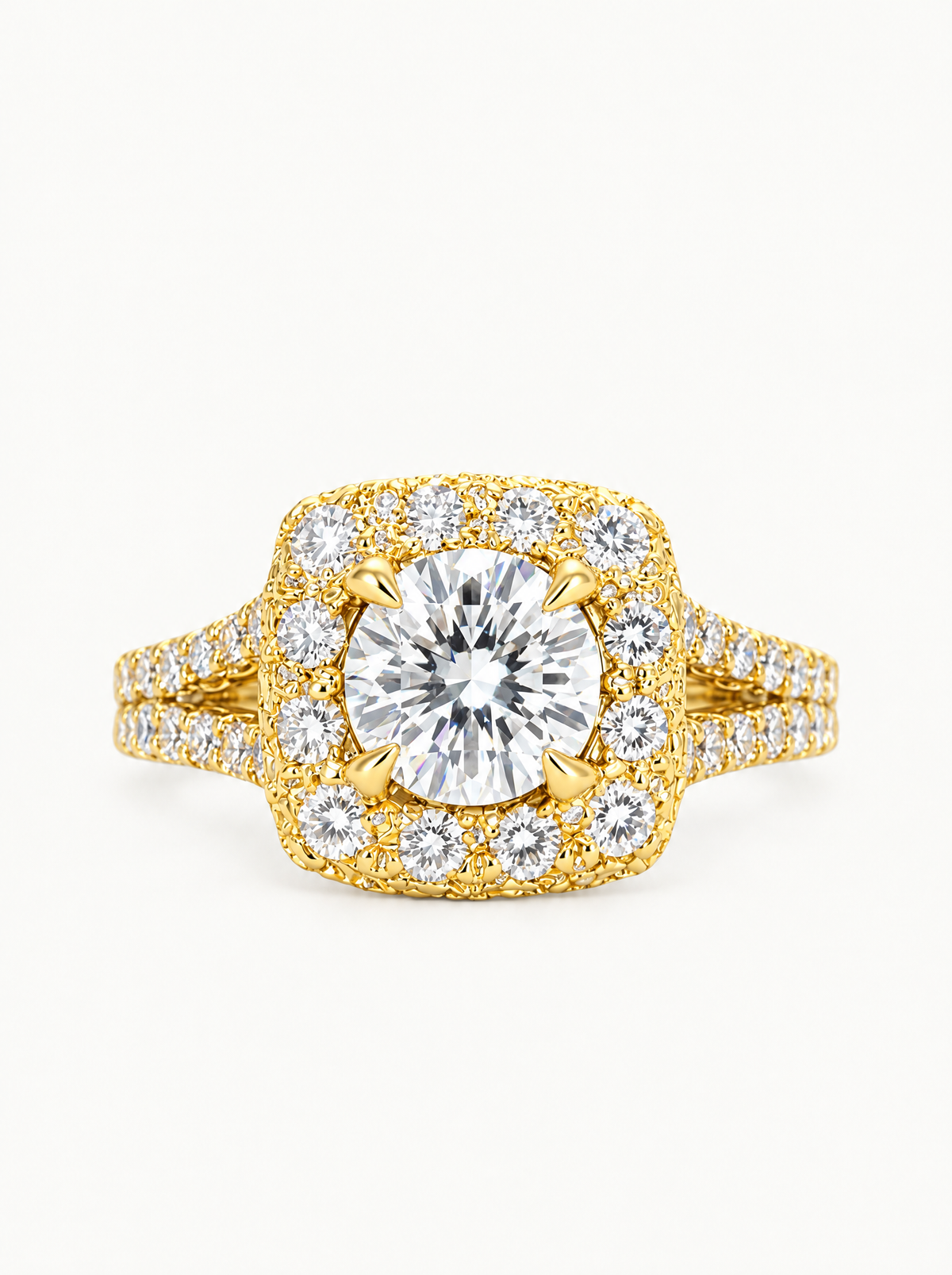 2.60 ctw Round Cushion Halo Pave Lab-Grown Diamond Split Band Ring in 14K yellow gold, front view — Bow Tie Lab Diamonds
