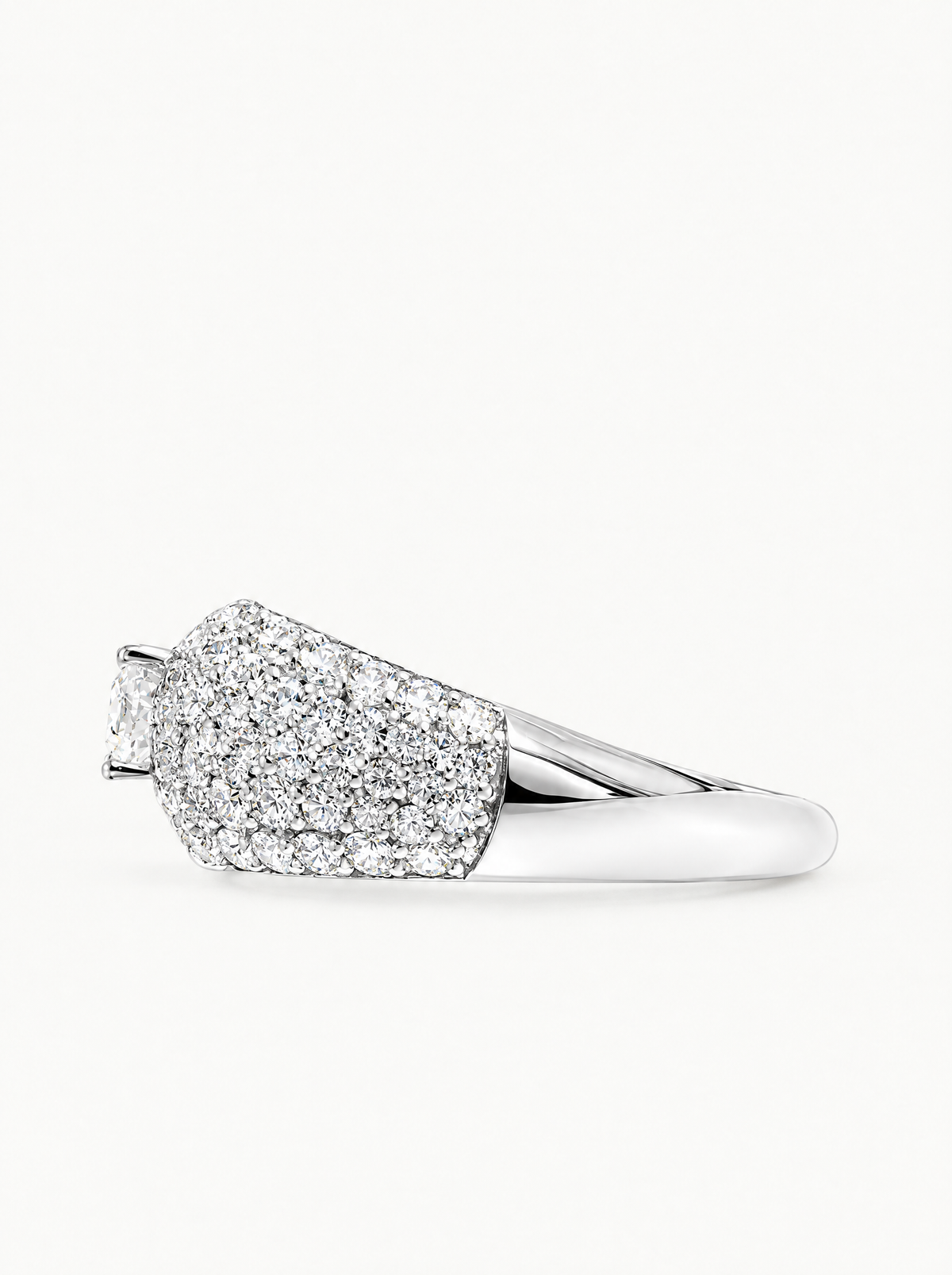 3.00 ctw Round Micro Pave Lab-Grown Diamond Dome Ring in 14K white gold, angled side view — Bow Tie Lab Diamonds