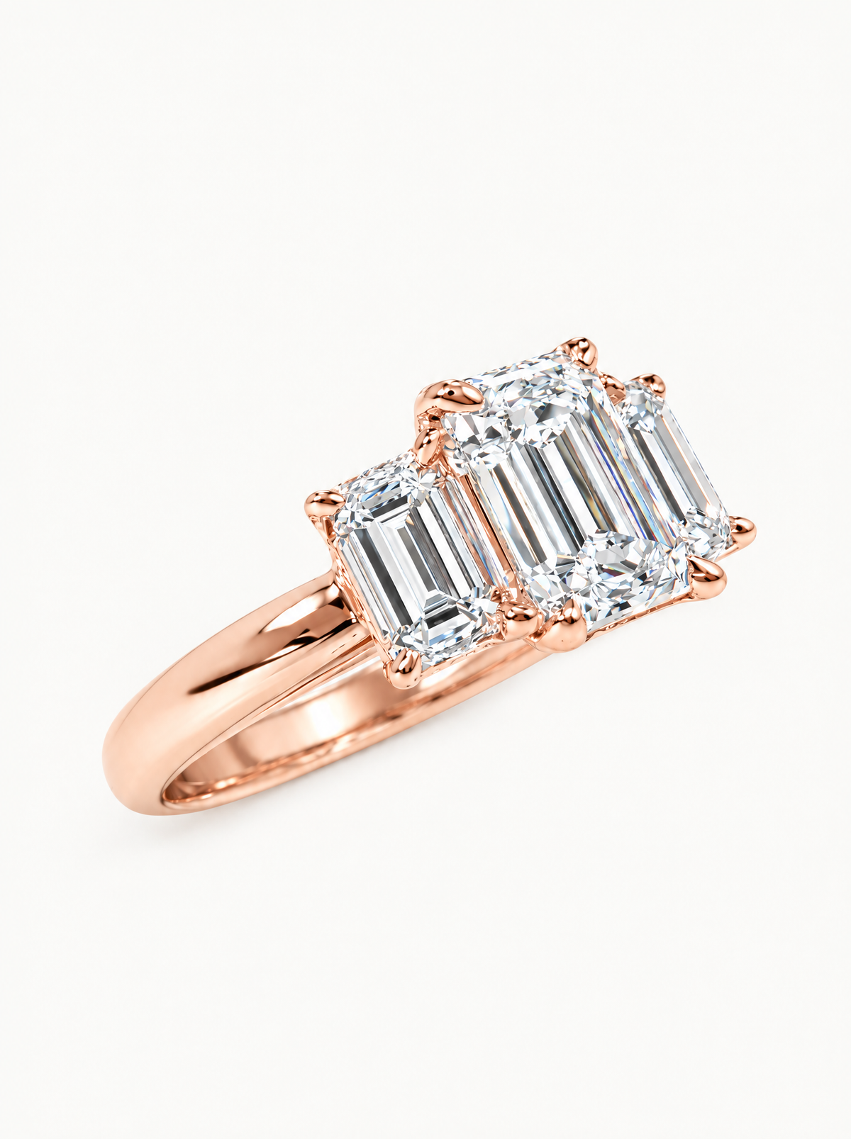 3.00 ctw Emerald Three-Stone Lab-Grown Diamond Engagement Ring in 14K rose gold, front view — Bow Tie Lab Diamonds